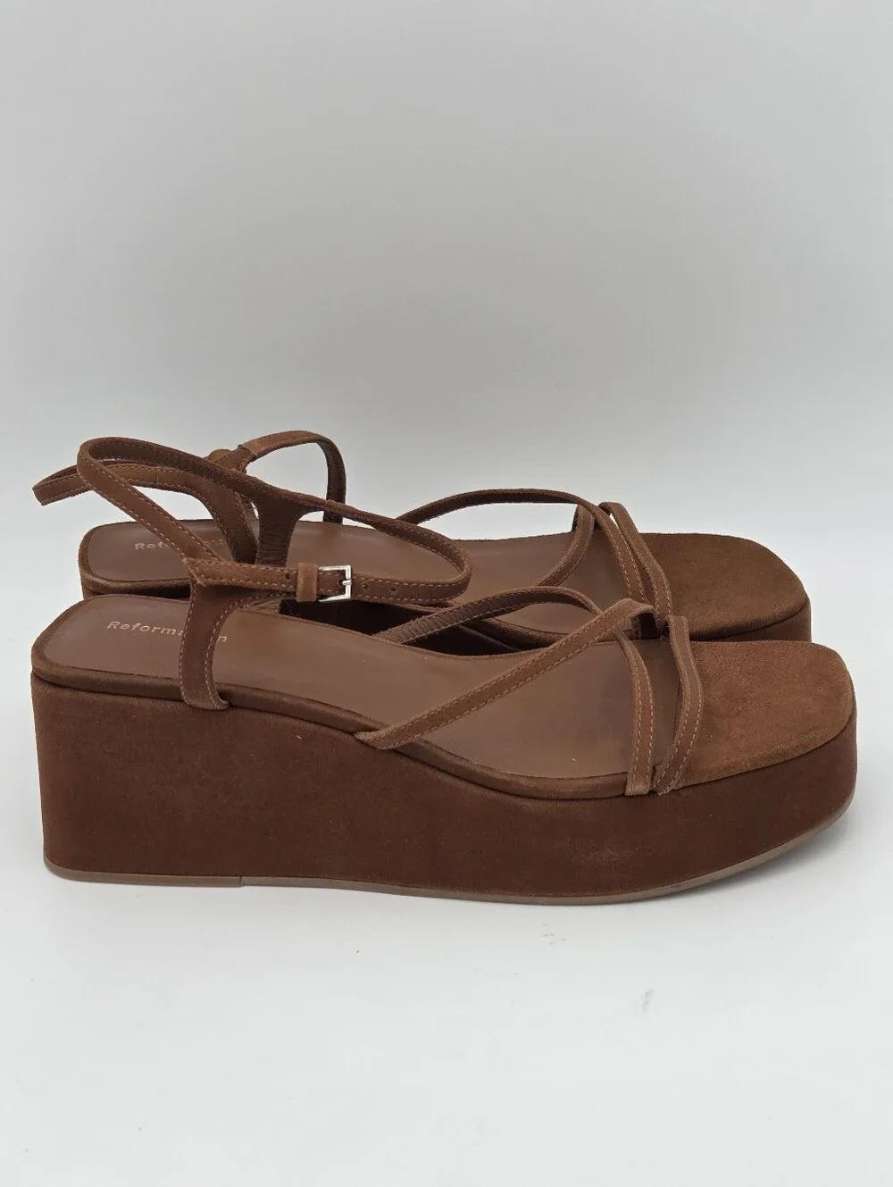 Reformation Zolanda platform sandals in toasted brown suede. Sz 9.5
